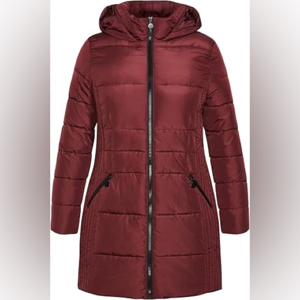 Women's Quilted Hooded Parka Jacket in Burgundy - Size 24
